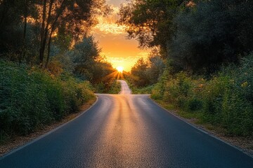 Obraz premium Empty winding road through dense green forest at sunset with sun rays shining through trees and glowing sky