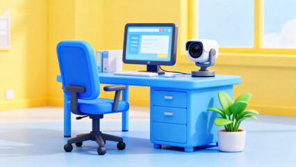 Whimsical Blue Office Illustration