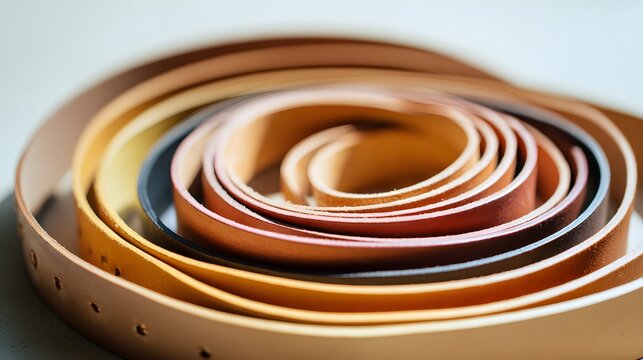 Artisanal leather belts spiral elegantly showcasing rich textures and handcrafted detail on a clean surface