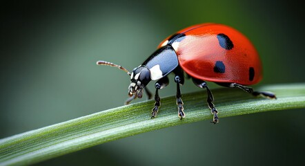 Close-up of a red ladybug with black spots walking on a green grass blade with a blurred natural background