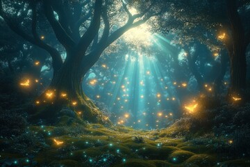 Obraz premium Enchanted forest scene with large ancient trees illuminated by soft blue light beams and glowing golden fireflies creating a magical and serene atmosphere