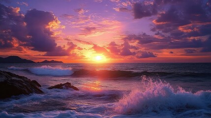 Vibrant sunset over ocean waves crashing against rocky shore with dramatic colorful clouds and distant dark silhouette of hills