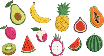 Set of doodle tropical fruits. Natural tropical fruit, papaya, pineapple, banana, avocado, fig, lychee, dragon fruit, watermelon, kiwi. Flat vector cartoon illustration isolated on white background