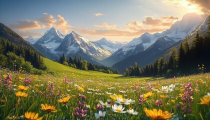 Fototapeta premium Sunlit mountain valley with snow-capped peaks and lush wildflower meadow under a partly cloudy sky at golden hour