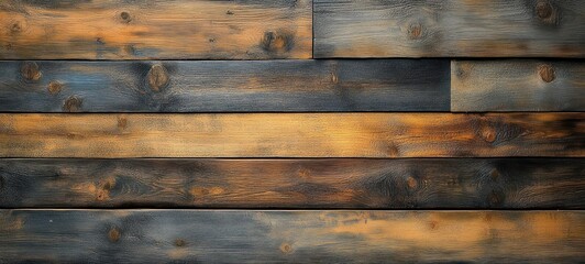 Fototapeta premium Wooden planks arranged horizontally with a rustic, weathered appearance showing natural grain and dark burnt marks creating a warm, textured surface
