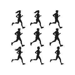 Fototapeta premium Diverse silhouettes of men and women running diverse speeds and poses for fitness and sport