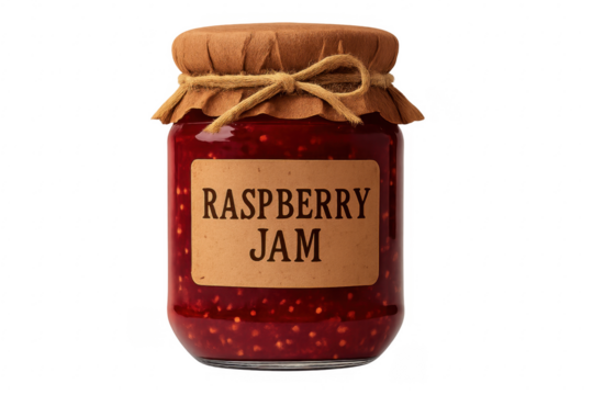 Homemade raspberry jam jar with rustic label