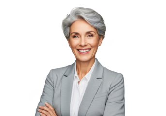 Professional senior businesswoman smiling portrait stock photo, older woman in suit isolated on transparent background