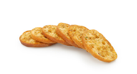 Wheat baguette croutons or bruschetta isolated on white background, herb spiced crunchy bun rusk, salted baked snack