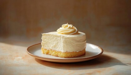 A slice of creamy vanilla cake with thick frosting and a swirl of whipped cream on top served on a beige ceramic plate