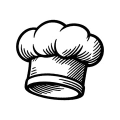 Vintage black and white chef hat illustration in engraving style, rustic culinary artwork ideal for restaurant branding, bakery design, and gourmet concepts
