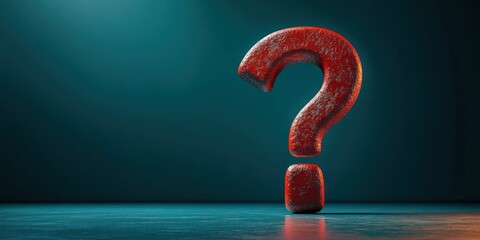 Large textured red question mark standing alone on a reflective surface with moody dark blue lighting creating a mysterious and contemplative atmosphere
