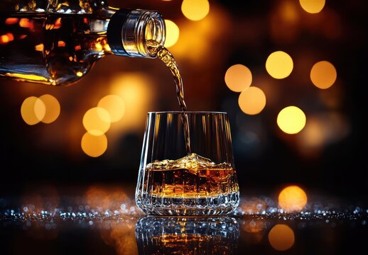 Close-up of amber liquid being poured from a bottle into a crystal glass with ice cubes, glowing warm bokeh lights in the background creating a cozy atmosphere