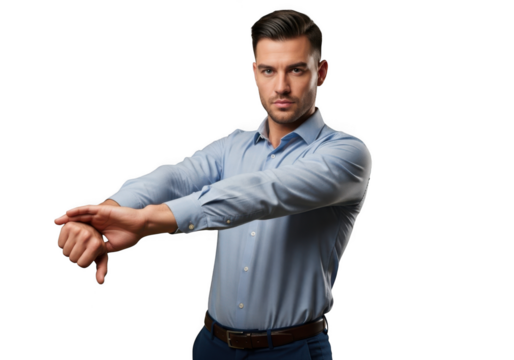 Disappointed businessman showing thumbs down gesture in blue shirt stock photo man negative feedback isolated on transparent background - Powered by Adobe