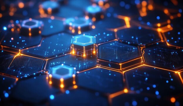 Glowing blue and orange hexagonal grid with highlighted digital blocks representing futuristic technology and data connections