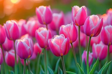 Fototapeta premium Close-up of vibrant pink tulips blooming in a sunlit garden with soft natural background and warm sunlight glow