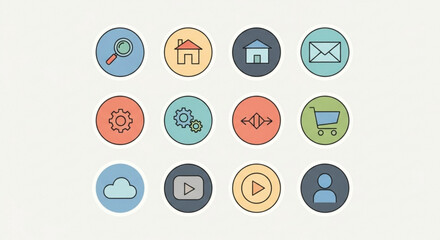 Collection of colorful round vector icons, ideal for web and app design, providing a simple and intuitive user experience