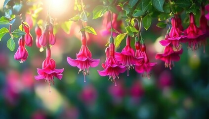 Fototapeta premium Close-up of vibrant pink hanging flowers illuminated by soft sunlight with green leaves and a blurred colorful background creating a serene and peaceful atmosphere
