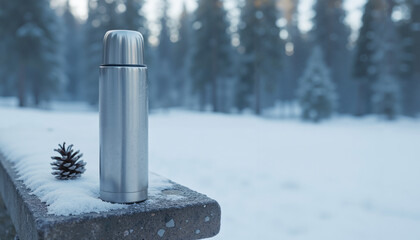 Stainless steel thermos standing on snowy surface in winter landscape  