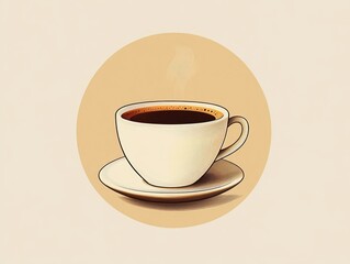 Obraz premium Illustration of a steaming cup of coffee in a white cup with a saucer on a beige circular background