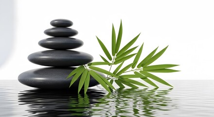 Zen Stones and Bamboo Leaves on Clean Surface Realistic 3D Spa Concept