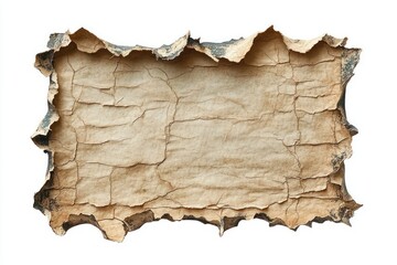 Aged, torn, and cracked paper sheet with rough edges and textured surface isolated on white background