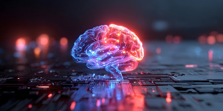 Illuminated digital human brain model glowing with vibrant neon lights representing artificial intelligence and advanced technology concepts - Powered by Adobe