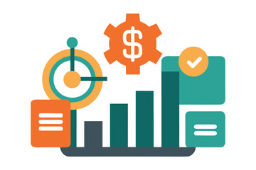 Financial growth strategy illustration with bar chart, checkmark, and dollar symbol