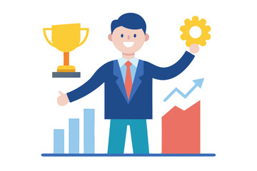 Cartoon business man standing in front of a financial chart and trophy