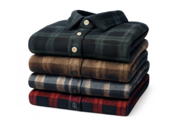 Stack of folded plaid flannel shirts for winter