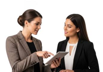 Two businesswomen discussing data on a tablet, teamwork and collaboration in the workplace, isolated on transparent background