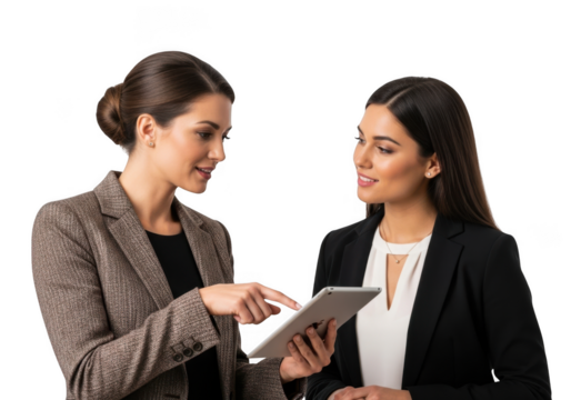 Two businesswomen discussing data on a tablet, teamwork and collaboration in the workplace, isolated on transparent background