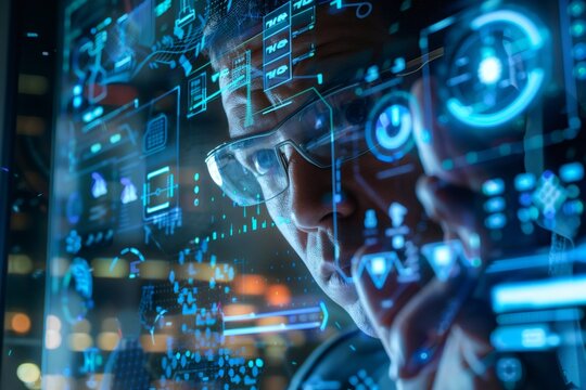 Engineer analyzing big data on futuristic holographic interface