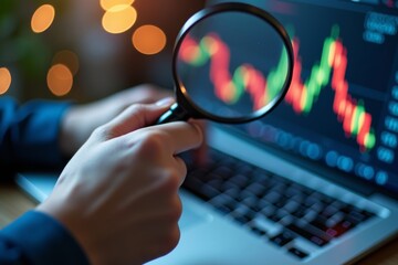 Abstract Composition: Businesswoman Analyzing Digital Data with Magnifying Glass on Laptop Screen