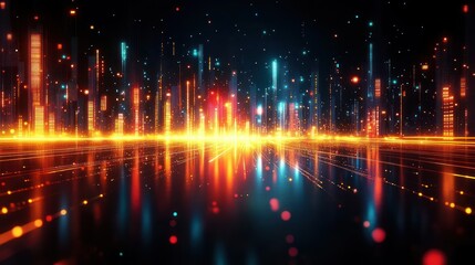 Futuristic digital cityscape with glowing vertical light bars in vibrant orange and blue hues reflected on a dark shiny surface, evoking a high-tech and energetic atmosphere