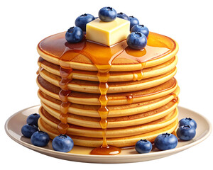 A tall stack of golden-brown pancakes topped with melting butter and fresh blueberrie