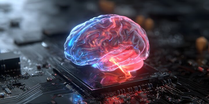 Abstract digital representation of a glowing human brain with intricate circuitry and data flow symbolizing artificial intelligence and cognitive processing