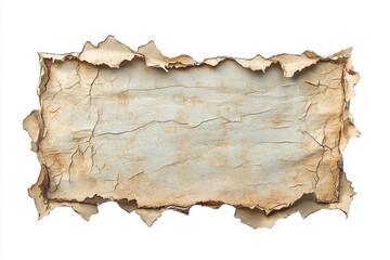 close-up view of a cracked and peeling aged paper with torn edges on a white background