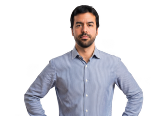 Serious man with hands on hips wearing striped shirt, portrait style, isolated on transparent background for easy compositing and design use isolated on transparent background