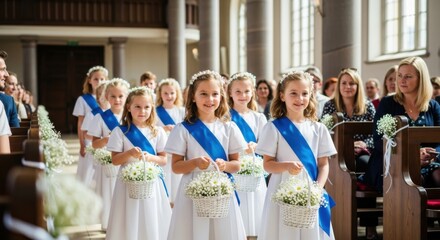 Charming flower girls in white dresses with blue sashes at a wedding ceremony