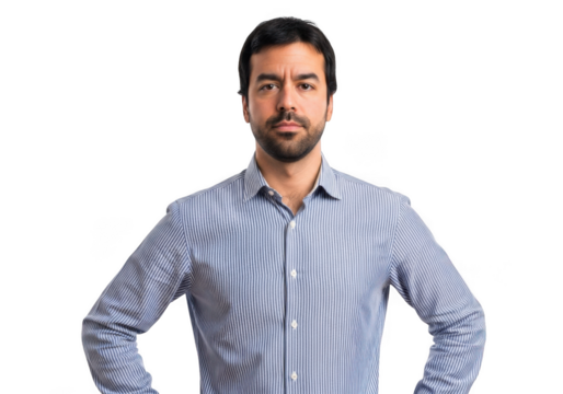 Serious man with hands on hips wearing striped shirt, portrait style, isolated on transparent background for easy compositing and design use isolated on transparent background - Powered by Adobe