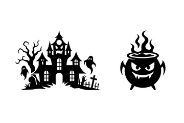 Set of two classic spooky Halloween silhouettes: a haunted mansion with ghosts and gravestones, and a wicked, fiery cauldron, conveying eerie landscapes, magical themes, and traditional holiday graphi