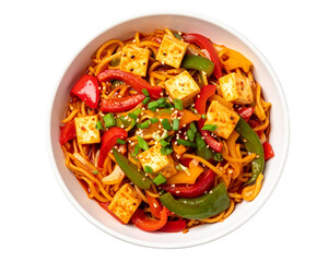 A top-down flat lay of spicy Schezwan Hakka noodles served in a white bowl, mixed wit 