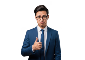 Sad businessman in suit giving thumbs up gesture stock photo, depressed man in formal wear, isolated on transparent background