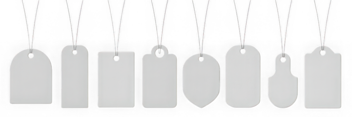 Collection of various blank white price tags hanging on strings isolated on transparent background.
