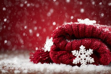 The image depicts a red sweater with a snowflake pattern, set against a backdrop of softly falling snow in a warm winter atmosphere