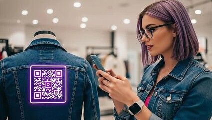 Woman scans QR code on denim jacket in retail store using smartphone. - Powered by Adobe