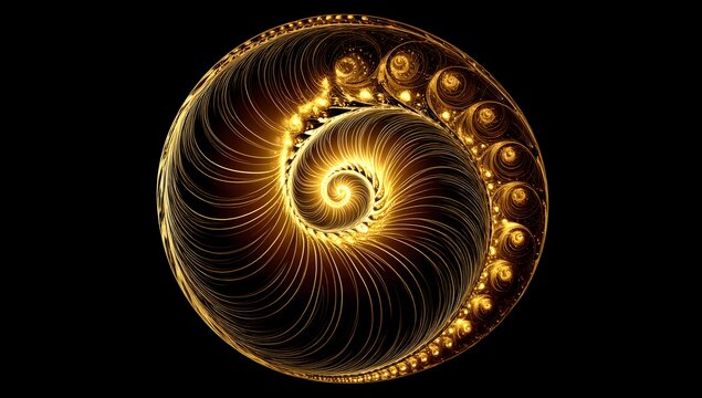 Intricate golden spiral pattern resembling a nautilus shell or ammonite fossil glowing with warm light against a dark background