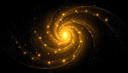 Vibrant golden spiral galaxy with glowing core and scattered star clusters against a deep black cosmic background representing celestial wonder and the universe
