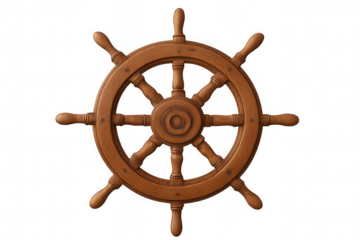 Ship wheel crafted from wood, representing navigation, leadership, and exploration on a journey, transparent background